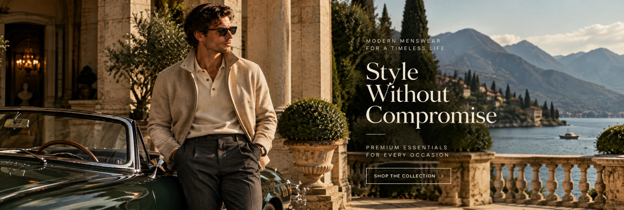 Man in a sand zip jacket, cream knit polo and charcoal pleated trousers on a lakeside terrace — Style Without Compromise. Modern menswear for a timeless life.